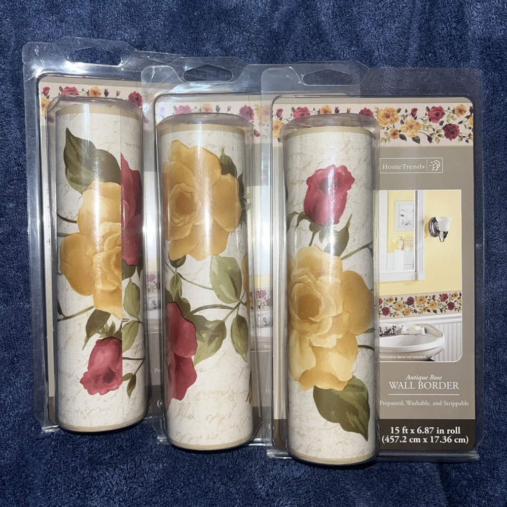 VTG Home Trends Antique Rose Lot of 3 Prepasted Washable Wall‎ Border  15'x6.87"
